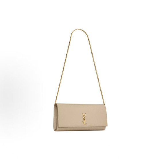 SAINT LAURENT YSL KATE GRAIN DE POUDRE Gold metal-finished chain shoulder bag for women in beige